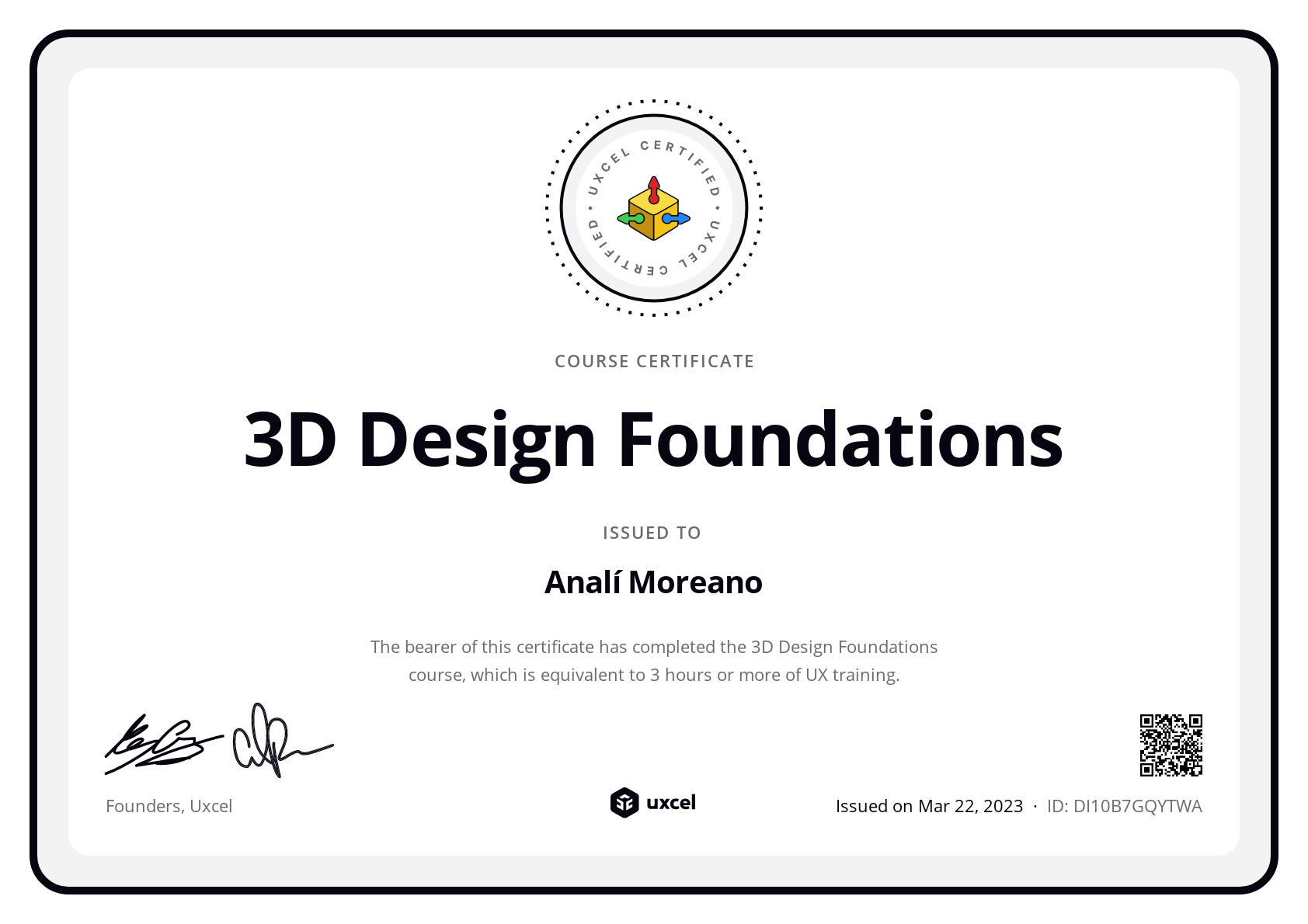 Analí Moreano's certificate